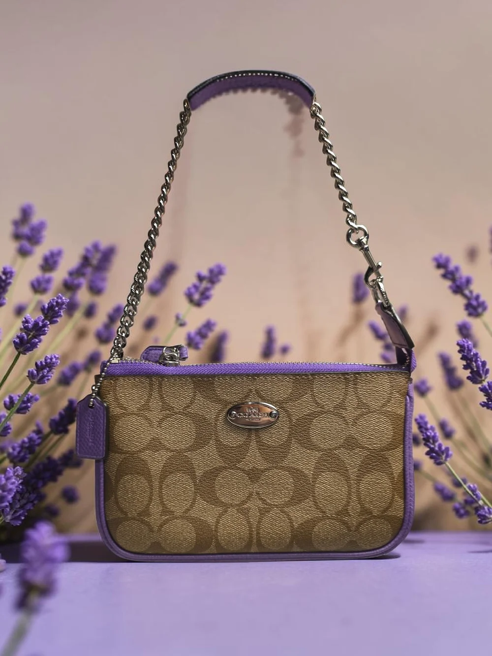 Coach Signature Canvas Wristlet with Purple Trim